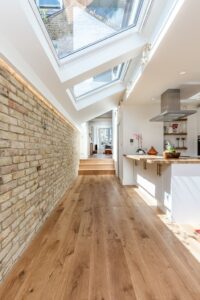 kitchen interior with oak wood planks